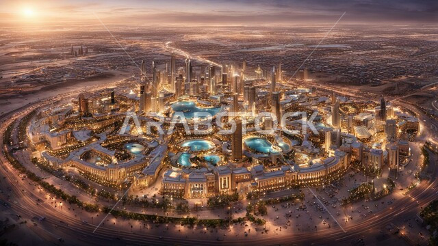 بناء مستقبل حضاري متطور في مدينة دبي، المباني والمنشآت التجارية الحديثة، مفهوم تطوير وتحسين البنية التحتية، منظر تخيلي للتقدم والنمو العمراني، التصاميم والفنون المعمارية للأبراج وناطحات السحاب في الامارات العربية المتحدة