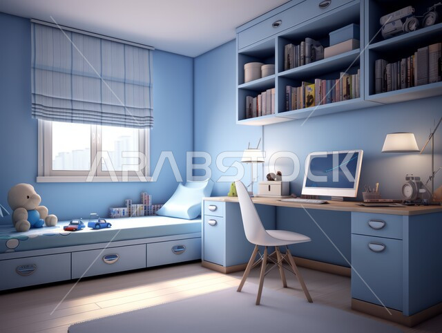 غرفة نوم بتصاميم عصرية حديثة, أثاث واكسسوارات منزلية داخلية أنيقة، التصميم الداخلي للمنازل والبيوت باللون الازرق، شقق وفلل سكنية فاخرة، فنادق ومنتجعات بديكورات راقية في المملكة العربية السعودية، النوافذ والواجهات الزجاجية