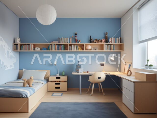 غرفة نوم بتصاميم عصرية حديثة, أثاث واكسسوارات منزلية داخلية أنيقة، التصميم الداخلي للمنازل والبيوت باللون الازرق، شقق وفلل سكنية فاخرة، فنادق ومنتجعات بديكورات راقية في المملكة العربية السعودية، النوافذ والواجهات الزجاجية