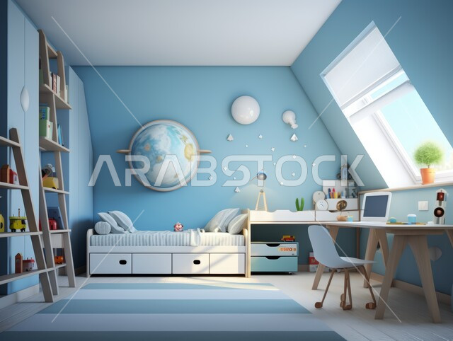 غرفة نوم بتصاميم عصرية حديثة, أثاث واكسسوارات منزلية داخلية أنيقة، التصميم الداخلي للمنازل والبيوت باللون الازرق، شقق وفلل سكنية فاخرة، فنادق ومنتجعات بديكورات راقية في المملكة العربية السعودية، النوافذ والواجهات الزجاجية