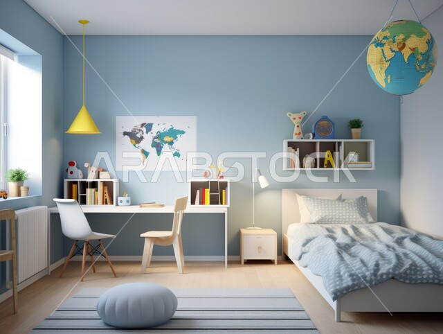 غرفة نوم بتصاميم عصرية حديثة, أثاث واكسسوارات منزلية داخلية أنيقة، التصميم الداخلي للمنازل والبيوت باللون الازرق، شقق وفلل سكنية فاخرة، فنادق ومنتجعات بديكورات راقية في المملكة العربية السعودية، النوافذ والواجهات الزجاجية