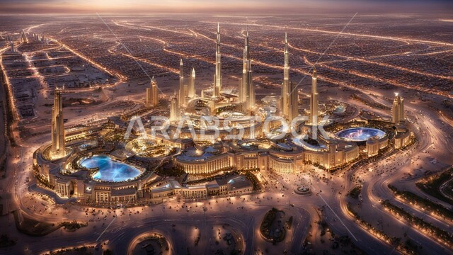 المباني والمنشآت التجارية الحديثة، بناء مستقبل حضاري متطور في مدينة دبي، مفهوم تطوير وتحسين البنية التحتية، منظر تخيلي للتقدم والنمو العمراني، التصاميم والفنون المعمارية للأبراج وناطحات السحاب في الامارات العربية المتحدة