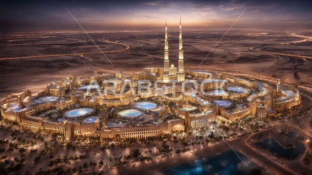 بناء مستقبل حضاري متطور في مدينة دبي، مفهوم تطوير وتحسين البنية التحتية، منظر تخيلي للتقدم والنمو العمراني، المباني والمنشآت التجارية الحديثة المضيئة ليلا، التصاميم والفنون المعمارية للأبراج وناطحات السحاب في الامارات العربية المتحدة