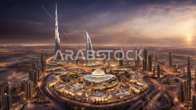 المباني والمنشآت التجارية الحديثة، بناء مستقبل حضاري متطور في مدينة دبي، مفهوم تطوير وتحسين البنية التحتية، منظر تخيلي للتقدم والنمو العمراني، التصاميم والفنون المعمارية للأبراج وناطحات السحاب في الامارات العربية المتحدة