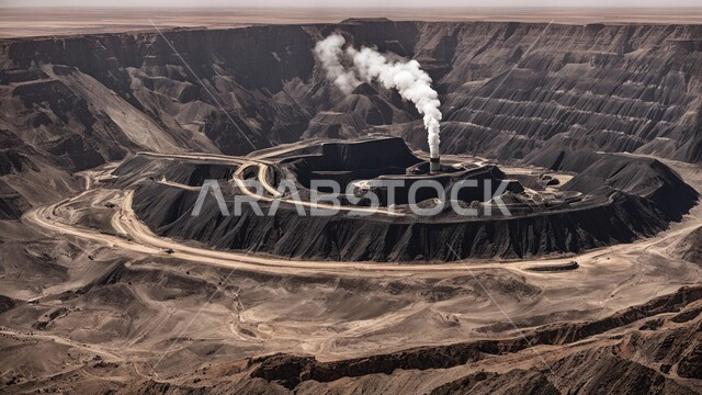 أماكن مناجم الفحم الطبيعي، مناطق التنقيب عن الثروات الباطنية، الطبيعة الصخرية وتضاريس السلاسل الجبلية، المرتفعات وقمم الجبال في المملكة العربية السعودية، مجموعة من سيارات الشحن الكبيرة تقوم بالعمل في موقع التعدين، التخلص من الأتربة والصخور ونقلها بعيدا