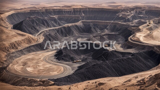 أماكن مناجم الفحم الطبيعي، مناطق التنقيب عن الثروات الباطنية، الطبيعة الصخرية وتضاريس السلاسل الجبلية، المرتفعات وقمم الجبال في المملكة العربية السعودية، مجموعة من سيارات الشحن الكبيرة تقوم بالعمل في موقع التعدين، التخلص من الأتربة والصخور ونقلها بعيدا