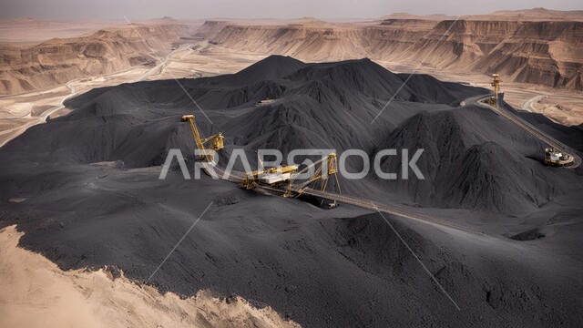 Natural coal mines, areas for prospecting for underground resources, rocky nature and terrain of mountain ranges, highlands and mountain peaks in the Kingdom of Saudi Arabia, a group of large freight vehicles working at the mining site, removing dirt and rocks and transporting them away