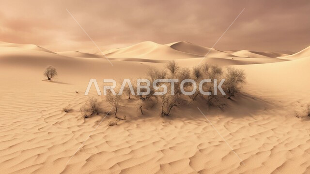 نبات الصبار الشوكي على الرمال الذهبية الناعمة في المناطق الصحراوية، نمو الشوكيات والأعشاب في براري المملكة العربية السعودية، النباتات والمزروعات البرية في المحميات الطبيعية، الكثبان والمرتفعات الرملية في الصحراء