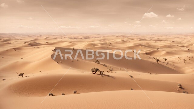 نبات الصبار الشوكي على الرمال الذهبية الناعمة في المناطق الصحراوية، نمو الشوكيات والأعشاب في براري المملكة العربية السعودية، النباتات والمزروعات البرية في المحميات الطبيعية، الكثبان والمرتفعات الرملية في الصحراء