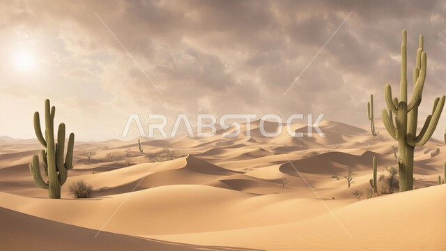 Prickly pear cactus on soft golden sand in desert areas, growth of prickly pears and grasses in the prairies of Saudi Arabia, wild plants and crops in nature reserves, sand dunes and highlands in the desert