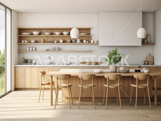 Using elegant artistic style in home furniture, modern decorations for luxurious Arabic kitchens in white, distinctive interior designs for villas and residential apartments in the Kingdom of Saudi Arabia