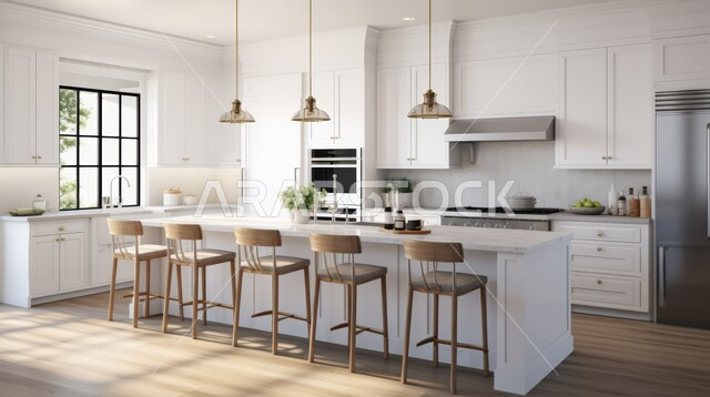 استخدام الطراز الفني الأنيق في الآثاث المنزلي ،الديكورات العصرية للمطابخ العربية الفاخرة باللون الابيض، تصاميم داخلية متميزة للفلل والشقق السكنية في المملكة العربية السعودية