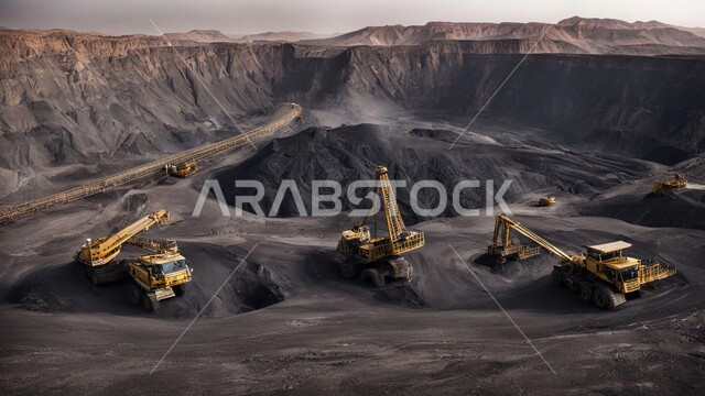 مناجم الفحم الطبيعي العربية، مناطق التنقيب عن الثروات الباطنية، الطبيعة الصخرية وتضاريس السلاسل الجبلية، المرتفعات وقمم الجبال في المملكة العربية السعودية، سيارة شحن كبيرة تقوم بالعمل في موقع التعدين