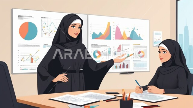 ضمان فهم واضح وشامل للاعمال, شرح مهام الاعمال، مجموعة من الرسومات البيانية على سبورة بيضاء, تدوين ملاحظات العمل، رسوم توضيحية لامرأة عربية خليجية سعودية محجبة في اجتماع داخل مقر الشركة