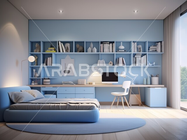مكتب صغير و مجموعه من الكتب على الرفوف في الفلل والشقق السكنية في المملكة العربية السعودية، غرفة نوم أطفال بتصاميم معاصرة حديثة، أثاث منزلي فاخر باللون الازرق والابيض، ديكورات داخلية مميزة