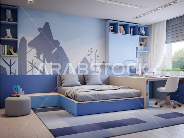 مكتب صغير و مجموعه من الكتب على الرفوف في الفلل والشقق السكنية في المملكة العربية السعودية، غرفة نوم أطفال بتصاميم معاصرة حديثة، أثاث منزلي فاخر باللون الازرق والابيض، ديكورات داخلية مميزة