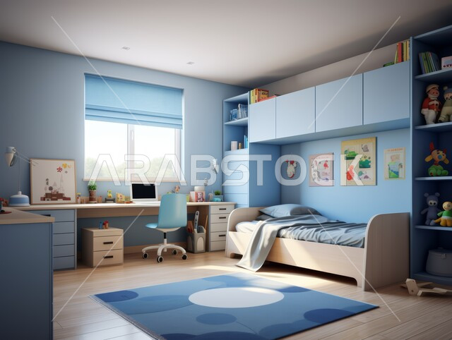 Blue and white themed boy's bedroom with a desk, bed, and storag