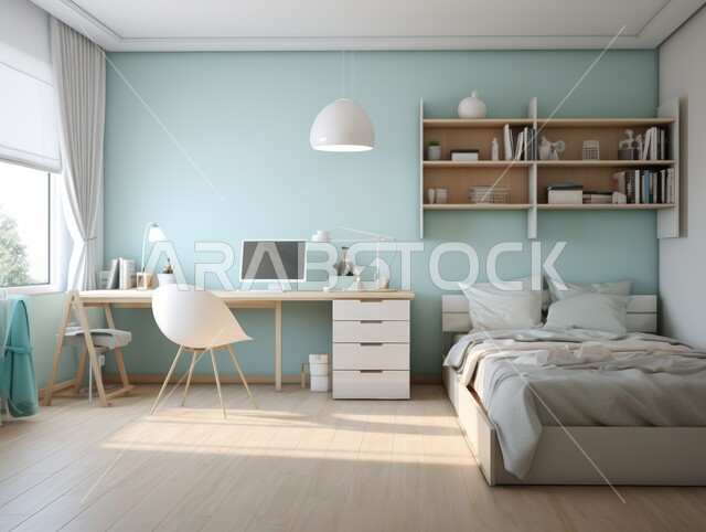 مكتب صغير و مجموعه من الكتب على الرفوف في الفلل والشقق السكنية في المملكة العربية السعودية، غرفة نوم أطفال بتصاميم معاصرة حديثة، أثاث منزلي فاخر باللون الازرق والابيض، ديكورات داخلية مميزة