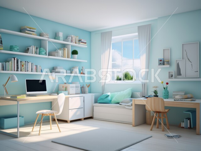 مكتب صغير و مجموعه من الكتب على الرفوف في الفلل والشقق السكنية في المملكة العربية السعودية، غرفة نوم أطفال بتصاميم معاصرة حديثة، أثاث منزلي فاخر باللون الازرق والابيض، ديكورات داخلية مميزة
