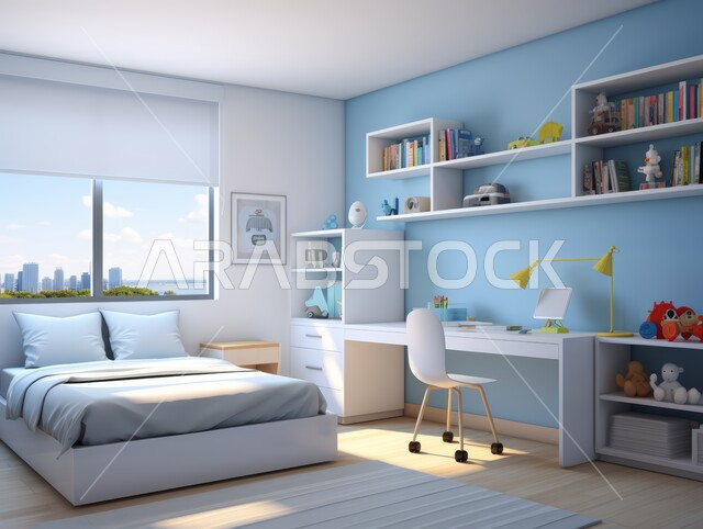 مكتب صغير و مجموعه من الكتب على الرفوف في الفلل والشقق السكنية في المملكة العربية السعودية، غرفة نوم أطفال بتصاميم معاصرة حديثة، أثاث منزلي فاخر باللون الازرق والابيض، ديكورات داخلية مميزة