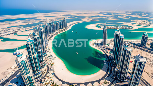 بناء مستقبل حضاري متطور في دبي، مفهوم تطوير وتحسين البنية التحتية، منظر تخيلي للتقدم والنمو العمراني في وقت النهار، التصاميم والفنون المعمارية الحديثة للأبراج وناطحات السحاب في الامارات العربية المتحدة،  المباني والمنشآت التجارية الشاهقة