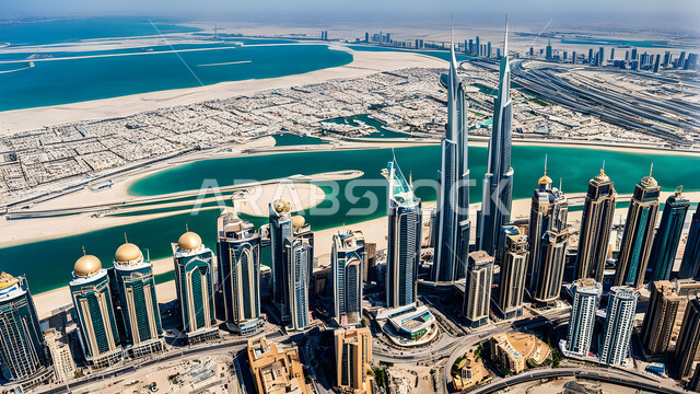 بناء مستقبل حضاري متطور في دبي، مفهوم تطوير وتحسين البنية التحتية، منظر تخيلي للتقدم والنمو العمراني في وقت النهار، التصاميم والفنون المعمارية الحديثة للأبراج وناطحات السحاب في الامارات العربية المتحدة،  المباني والمنشآت التجارية الشاهقة