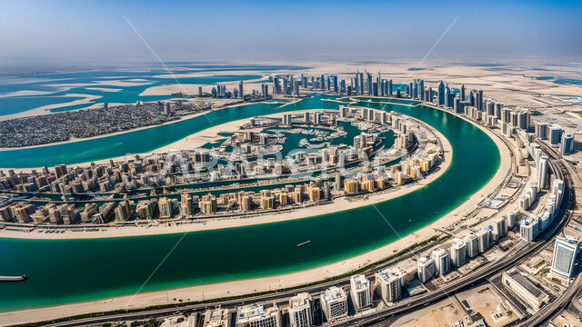 بناء مستقبل حضاري متطور في دبي، مفهوم تطوير وتحسين البنية التحتية، منظر تخيلي للتقدم والنمو العمراني في وقت النهار، التصاميم والفنون المعمارية الحديثة للأبراج وناطحات السحاب في الامارات العربية المتحدة،  المباني والمنشآت التجارية الشاهقة