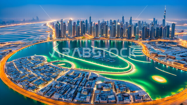 بناء مستقبل حضاري متطور في دبي، مفهوم تطوير وتحسين البنية التحتية، منظر تخيلي للتقدم والنمو العمراني في وقت النهار، التصاميم والفنون المعمارية الحديثة للأبراج وناطحات السحاب في الامارات العربية المتحدة،  المباني والمنشآت التجارية الشاهقة