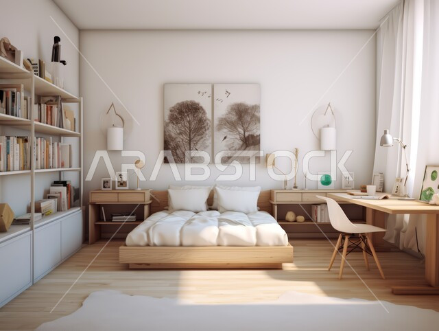 Luxury bedroom designs, large and comfortable bed with modern design, modern accessories and antiques, large facades and windows, high-end home furniture, interior home decorations, residential apartments and villas in the Kingdom of Saudi Arabia, luxury hotels and resorts