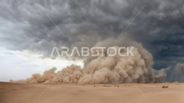 أجواء وطقوس قاسية, غبار العاصفة الرملية في الصحراء, رياح ترابية في المناطق الصحراوية, الكثبان والرمال الذهبية الناعمة، التشكيلات والتكوينات الرملية في المملكة العربية السعودية, منظر السماء الممتلئة بالغيوم الداكنة، الزوابع الغبارية القوية
