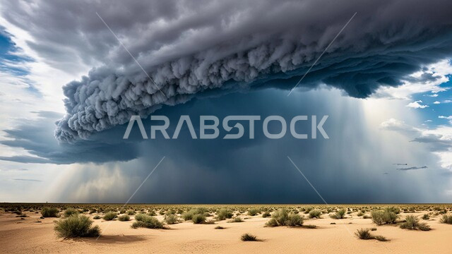 أجواء وطقوس قاسية, غبار العاصفة الرملية في الصحراء, رياح ترابية في المناطق الصحراوية, الكثبان والرمال الذهبية الناعمة، التشكيلات والتكوينات الرملية في المملكة العربية السعودية, منظر السماء الممتلئة بالغيوم الداكنة، الزوابع الغبارية القوية