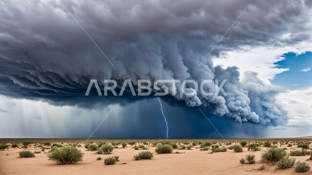 أجواء وطقوس قاسية, غبار العاصفة الرملية في الصحراء, رياح ترابية في المناطق الصحراوية, الكثبان والرمال الذهبية الناعمة، التشكيلات والتكوينات الرملية في المملكة العربية السعودية, منظر السماء الممتلئة بالغيوم الداكنة، الزوابع الغبارية القوية