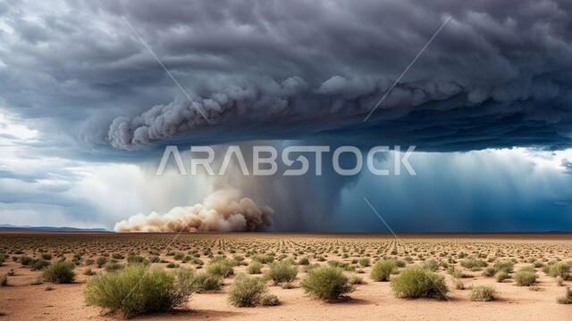 أجواء وطقوس قاسية, غبار العاصفة الرملية في الصحراء, رياح ترابية في المناطق الصحراوية, الكثبان والرمال الذهبية الناعمة، التشكيلات والتكوينات الرملية في المملكة العربية السعودية, منظر السماء الممتلئة بالغيوم الداكنة، الزوابع الغبارية القوية