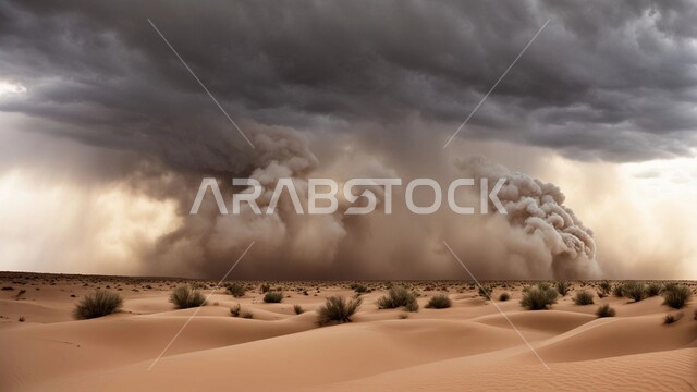 أجواء وطقوس قاسية, غبار العاصفة الرملية في الصحراء, رياح ترابية في المناطق الصحراوية, الكثبان والرمال الذهبية الناعمة، التشكيلات والتكوينات الرملية في المملكة العربية السعودية, منظر السماء الممتلئة بالغيوم الداكنة، الزوابع الغبارية القوية