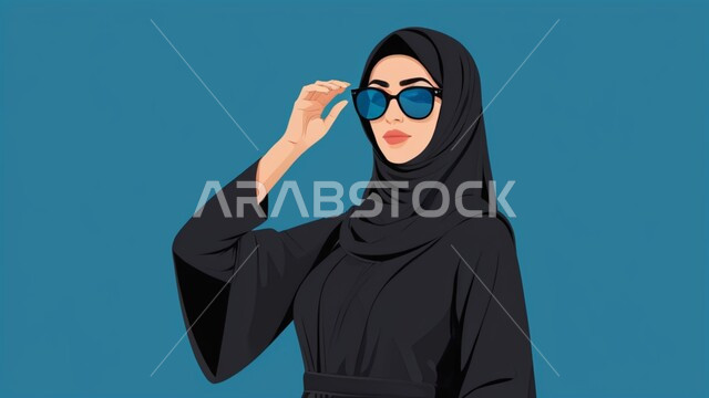 ملابس نسائية بتصاميم عصرية، مفهوم الأنوثة والنعومة, رسوم توضيحية لامرأة عربية خليجية سعودية محجبة ترتدي عباءة سوداء ونظارة ششمسية, الاهتمام بالأناقة والمظهر الخارجي، خلفية زرقاء