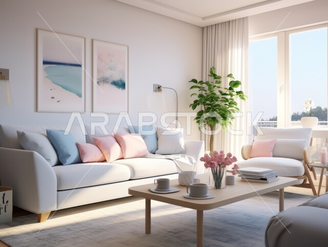 غرفة معيشة حديثة مع أريكة مريحة ووسائد مميزة، فن الهندسة المعمارية والديكور في الفنادق والمنتجعات في المملكة العربية السعودية، أثاث منزلي راقي وأنيق، شقق وفلل سكنية بديكورات متطورة، غرف بتصاميم داخلية عصرية فاخرة