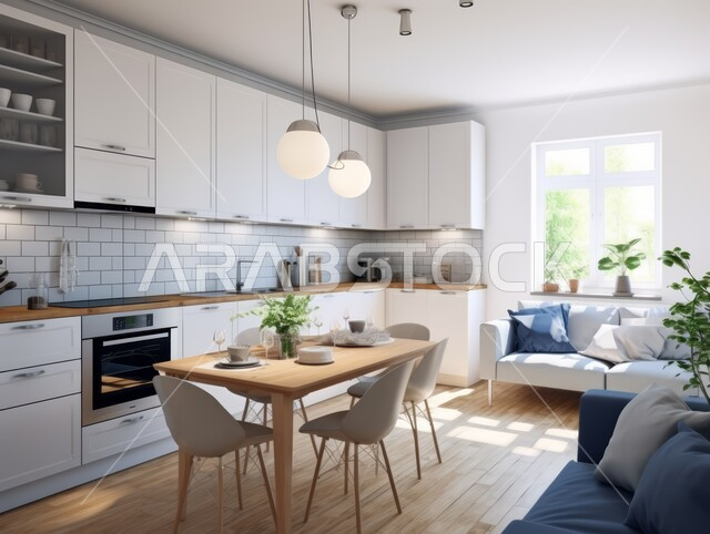Modern kitchen island with simple cabinets and high-end wooden flooring, modern contemporary designs for kitchens in apartments and residential villas in the Kingdom of Saudi Arabia, architectural art and luxurious decorations