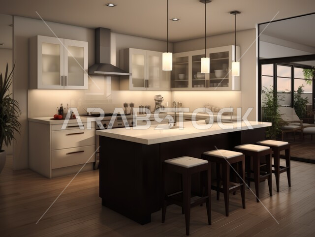 Modern kitchen island with simple cabinets and high-end wooden flooring, modern contemporary designs for kitchens in apartments and residential villas in the Kingdom of Saudi Arabia, architectural art and luxurious decorations