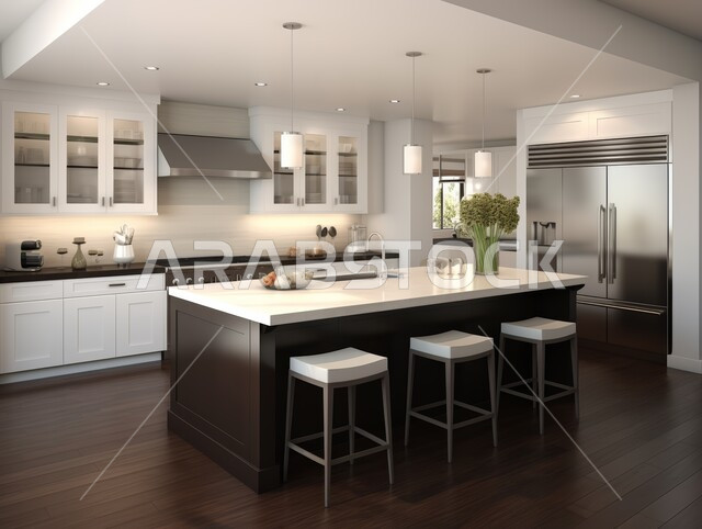 جزيرة مطبخ حديثة مع خزائن بسيطة وأرضية خشبية راقية، التصاميم العصرية الحديثة للمطابخ في الشقق والفلل السكنية بالمملكة العربية السعودية، الفن الهندسي والديكورات الفاخرة