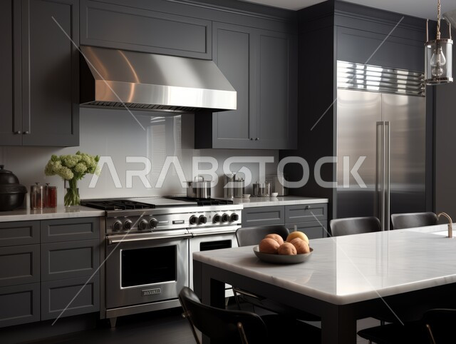 Modern kitchen island with simple cabinets and high-end wooden flooring, modern contemporary designs for kitchens in apartments and residential villas in the Kingdom of Saudi Arabia, architectural art and luxurious decorations