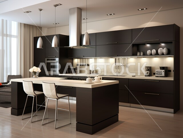 جزيرة مطبخ حديثة مع خزائن بسيطة وأرضية خشبية راقية، التصاميم العصرية الحديثة للمطابخ في الشقق والفلل السكنية بالمملكة العربية السعودية، الفن الهندسي والديكورات الفاخرة