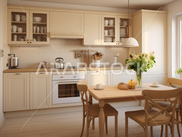 مطبخ بسيط مع خزائن خشبية وطاولة طعام وشرفة، التصاميم العصرية الحديثة للمطابخ في الشقق والفلل السكنية بالمملكة العربية السعودية، الفن الهندسي للمنازل والديكورات الفاخرة