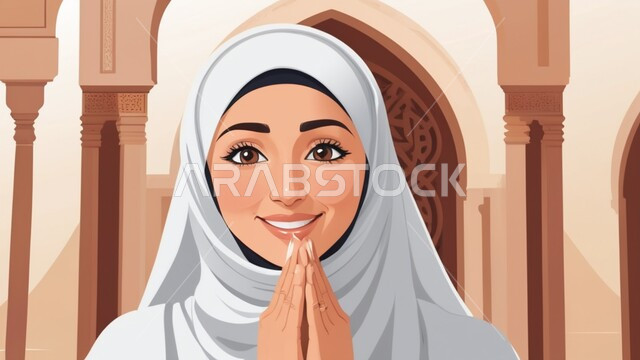 طلب المغفره والعون من الله، الرغبه في تحقيق الأمنيات، رسوم توضيحية  لامرأة عربية خليجية سعودية محجبة ترتدي عباءة بيضاء ترفع يديها بايماءات تدل على الدعاء والتضرع