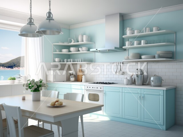مطبخ خفيف وواسع التهوية مع خزائن زرقاء وثلاجة بيضاء، التصاميم والديكورات الحديثة للمطابخ في الشقق والفلل السكنية، ديكور داخلي على الطراز الكلاسيكي الحديث، الأواني المنزلية المرتبة على الرفوف