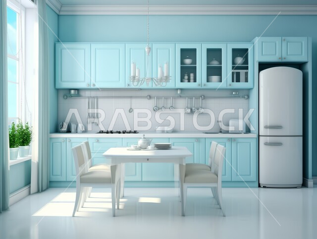 مطبخ خفيف وواسع التهوية مع خزائن زرقاء وثلاجة بيضاء، التصاميم والديكورات الحديثة للمطابخ في الشقق والفلل السكنية، ديكور داخلي على الطراز الكلاسيكي الحديث، الأواني المنزلية المرتبة على الرفوف