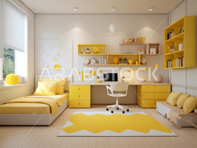 Distinctive classic interior decorations, children's bedroom with modern contemporary designs, luxurious home furniture in elegant colors, a small office and a collection of books on the shelves in villas and residential apartments in the Kingdom of Saudi Arabia