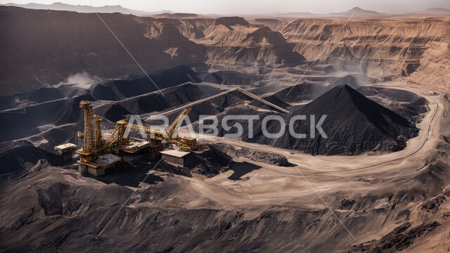 مناجم الفحم الطبيعي العربية، مناطق التنقيب عن الثروات الباطنية، الطبيعة الصخرية وتضاريس السلاسل الجبلية، المرتفعات وقمم الجبال في المملكة العربية السعودية، سيارة شحن كبيرة تقوم بالعمل في موقع التعدين