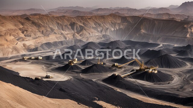 مناجم الفحم الطبيعي العربية، مناطق التنقيب عن الثروات الباطنية، الطبيعة الصخرية وتضاريس السلاسل الجبلية، المرتفعات وقمم الجبال في المملكة العربية السعودية، سيارة شحن كبيرة تقوم بالعمل في موقع التعدين