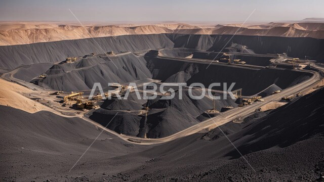 مناجم الفحم الطبيعي العربية، مناطق التنقيب عن الثروات الباطنية، الطبيعة الصخرية وتضاريس السلاسل الجبلية، المرتفعات وقمم الجبال في المملكة العربية السعودية، سيارة شحن كبيرة تقوم بالعمل في موقع التعدين