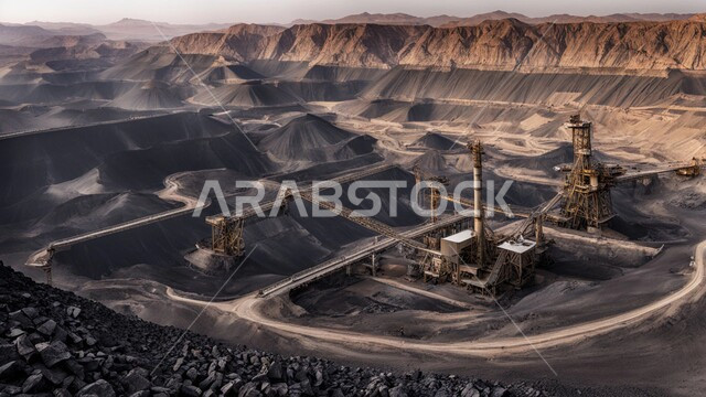 مناجم الفحم الطبيعي العربية، مناطق التنقيب عن الثروات الباطنية، الطبيعة الصخرية وتضاريس السلاسل الجبلية، المرتفعات وقمم الجبال في المملكة العربية السعودية، سيارة شحن كبيرة تقوم بالعمل في موقع التعدين